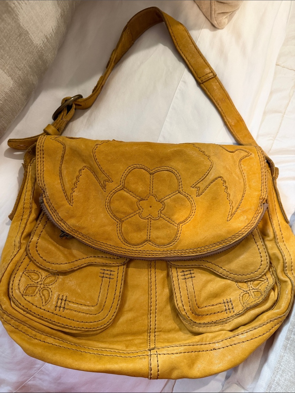 Lucky Brand Mustard Yellow Floral-Stitched Leather Shoulder Bag
